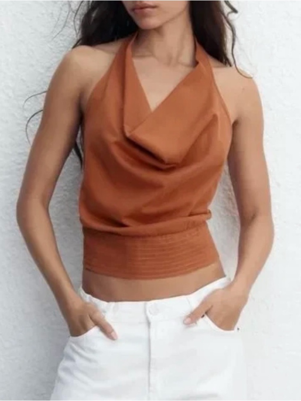 Orange Halter Cowl Neck Crop Top